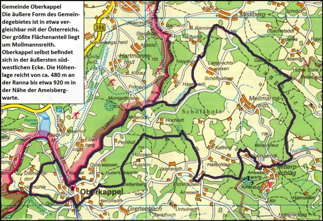 Das Gemeindegebiet der Katastralgemeinde Oberkappel hat eine außergewähnliche Form: Sie ähnelt einem Mini-Österreich, an dessen Westspitze statt Bregenz das Ortszentrum von Oberkappel liegt.