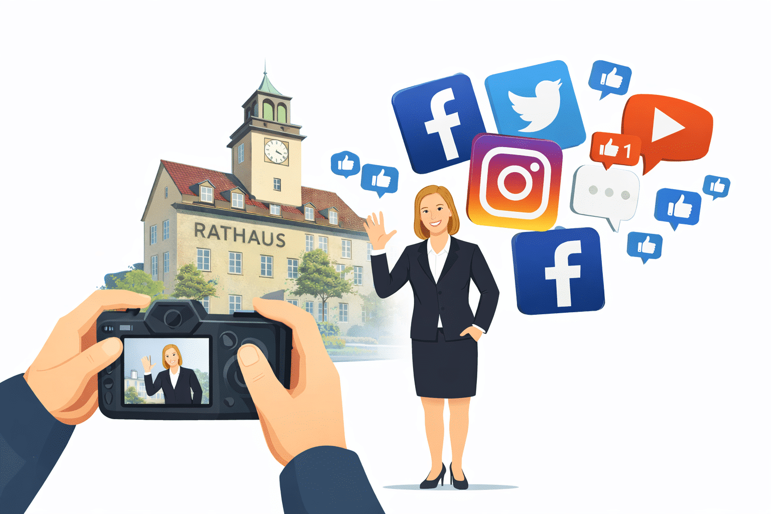 Eine Frau steht vor dem Rathaus. Im Hintergrund sieht man die Logos von Social Media: Youtube, Fabecook, Instagram, Twitter etc.