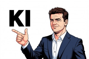 Illustration eines Mannes im Anzug, der nach links zeigt; neben ihm steht groß der Schriftzug „KI“ auf hellem Hintergrund.